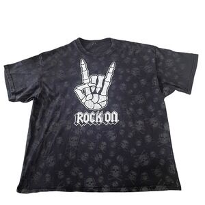 Rock On Skulls Black Tshirt Men 2XL (Measured READ) All Over Print Graphic faded